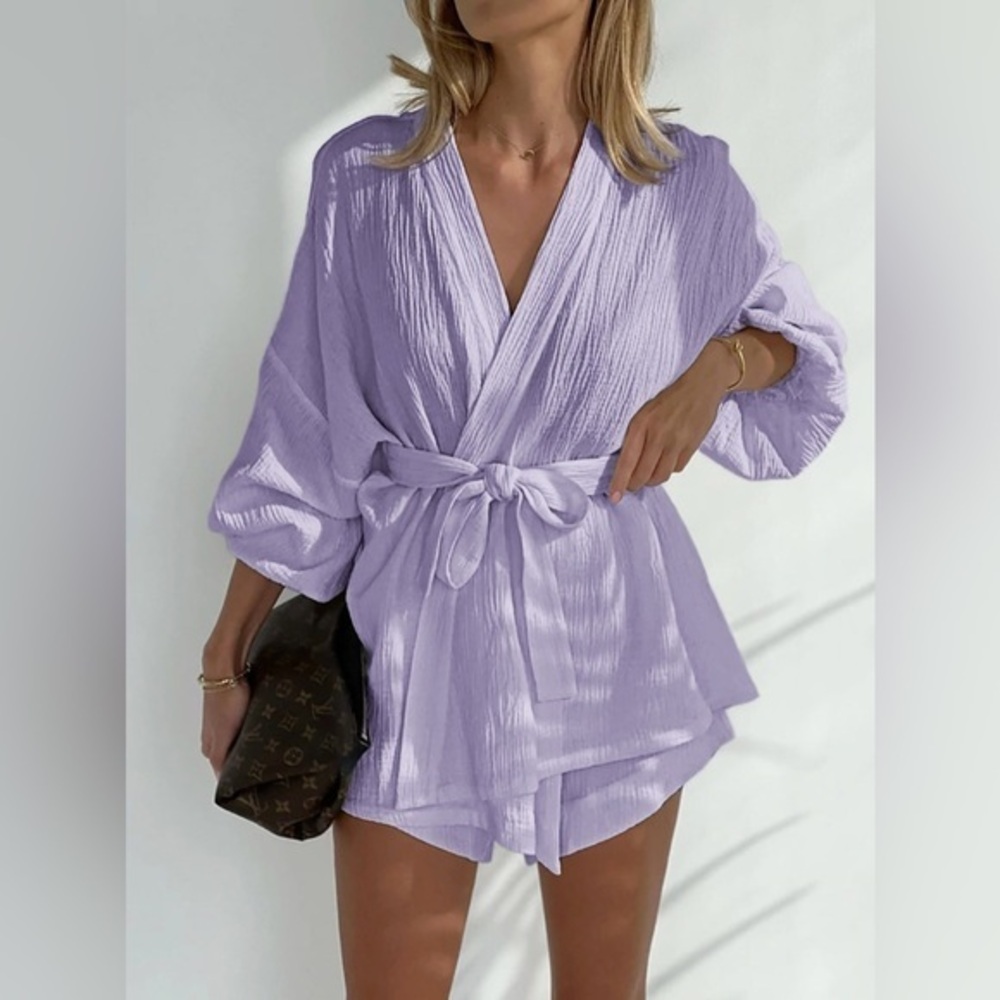 Commense Lilac Two Piece Shorts Set Belted Chic Summer‎ Outfit size S NEW